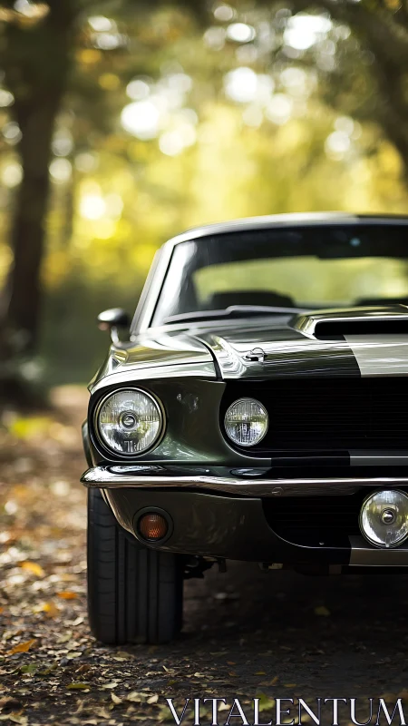 Classic muscle car front view under shallow depth of field lighting