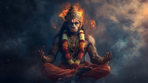 Divine monkey warrior meditates amid swirling sacred flames