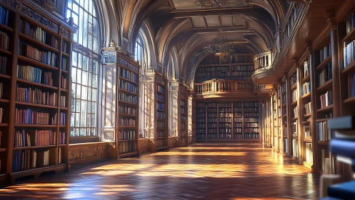 Golden library hallway where sunlight and stories meet.