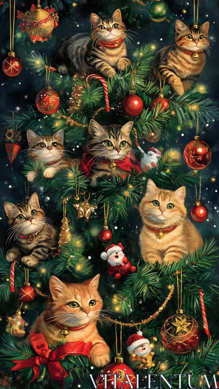 Festive Cats Among Christmas Tree Ornaments and Garland
