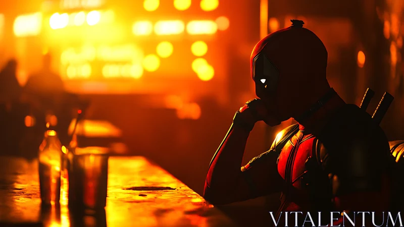 Masked antihero sits alone at glowing neon bar counter.