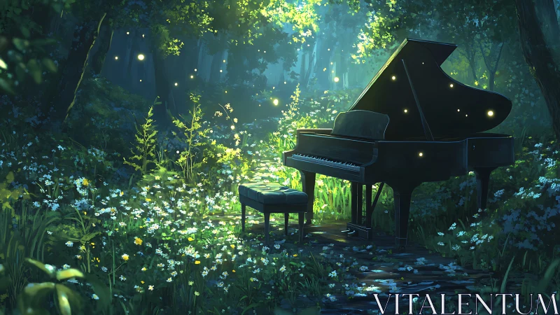 Grand piano glowing with fireflies in lush twilight forest.