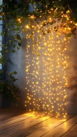 Warm LED curtain fairy lights beside indoor climbing foliage