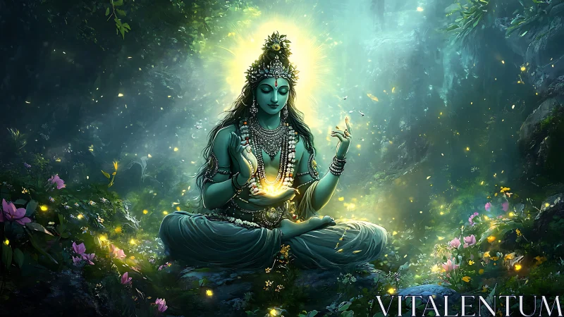 Divine blue figure meditates with glowing forest light