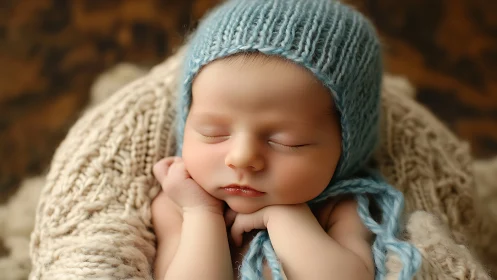 Infant Portrait with Knit Headwear and Neutral Textile Background.