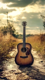 Sunlit acoustic guitar stands alone on muddy country path