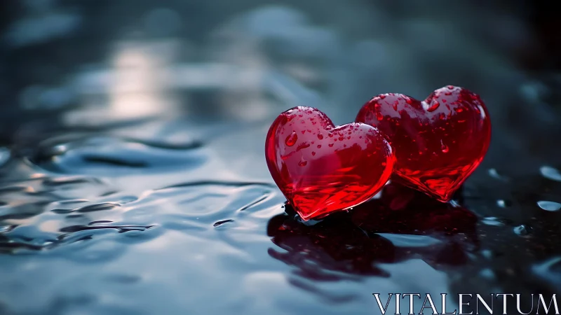 Red Glass Hearts on Wet Surface.