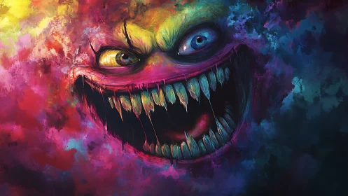 Bicolor eyed monstrous face within vivid abstract cloud form.