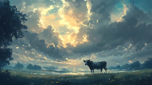 Solitary cow on open meadow under dense cloud-filled sky.