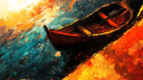 Sunlit moored boat rests in a blaze of abstract color