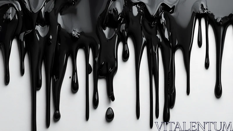Glossy black paint drips cascade over stark white canvas.