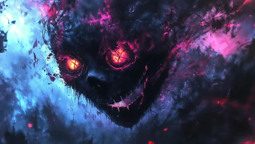 Eerie cosmic skull smiling through neon storm clouds.