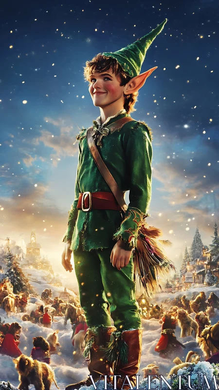 Young Christmas elf smiles proudly above snowy village.