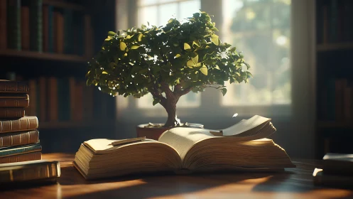 Sunlit bonsai grows above open book on wooden library desk