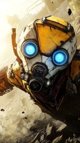 Cel-shaded combat droid with glowing optics leaps through debris