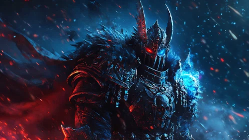 Demonic frost knight with flaming runes in blizzard storm.