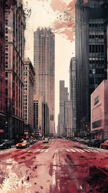 Urban canyon street with towering city skyscrapers at dusk.