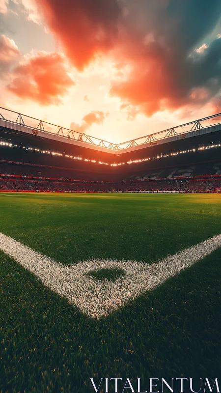 Sunlit football stadium corner awaits the evening kickoff
