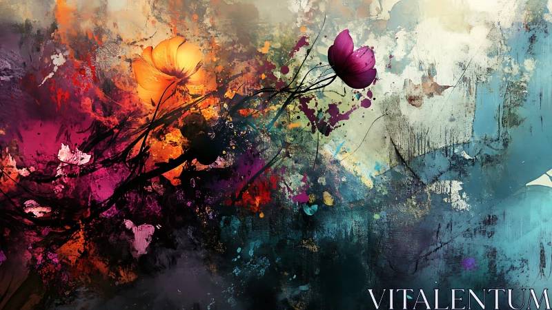 Chromatic floral vectors piercing turbulent abstract field.