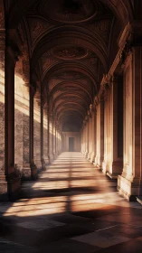 Golden light drifting through a quiet classical arcade.
