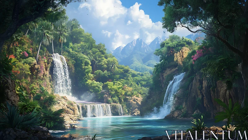 Lush tropical waterfalls cascade into clear turquoise lagoon