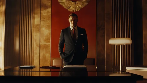 Power-broker in gilded boardroom under imperial emblem.