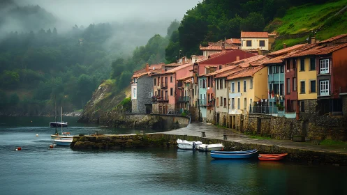 Misty coastal village with colorful waterfront houses and boats.