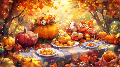 Luminous autumn feast table amid glowing pumpkin garden.