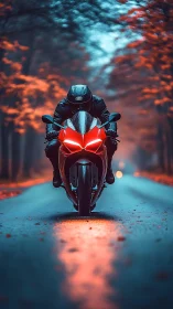 Motorcyclist on sport bike in autumn forest roadway scene.