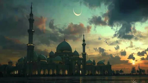 Moonlit minarets courting storm-lit teal and amber skies.