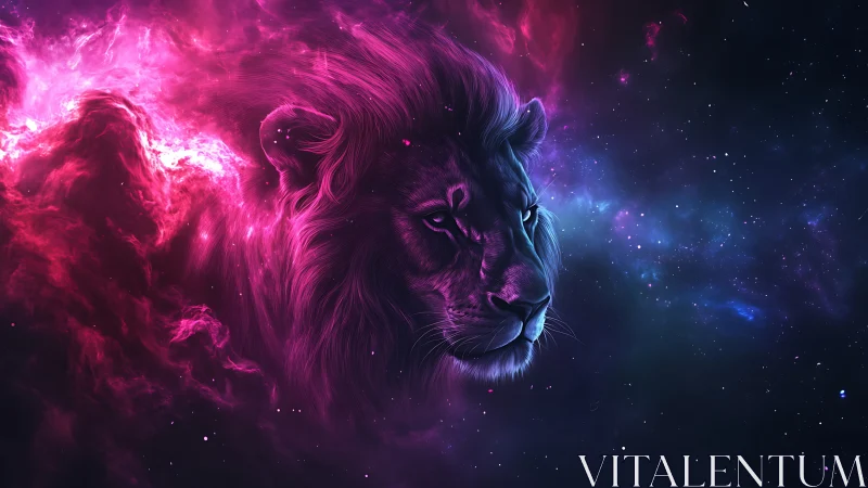 Cosmic lion portrait in neon chromatic digital rendering.