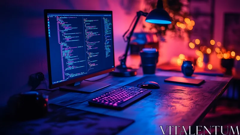 Programmer workstation with code display in neon lighting.
