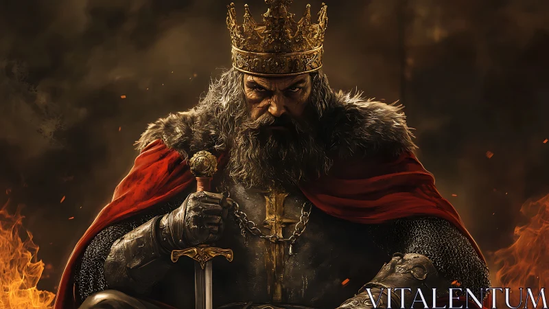 Medieval armored king seated with sword and crown in firelit scene.