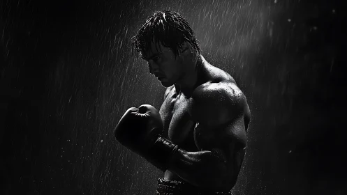 Monochromatic Boxing Portrait with Rainfall: Muscular Athlete in Combat Stance