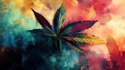 Prismatic cannabis leaf drifting through a cosmic color storm.