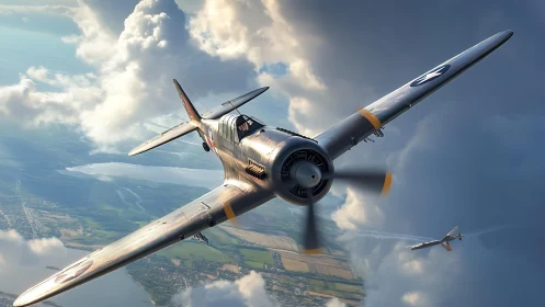 Single propeller fighter aircraft in cloudy sky over land.