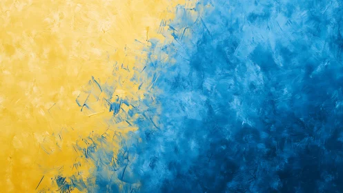 Abstract yellow and blue textured painting with brush strokes.