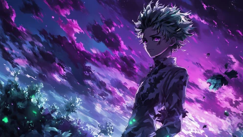 Moody anime boy under magenta-tinted storm sky with dynamic lighting