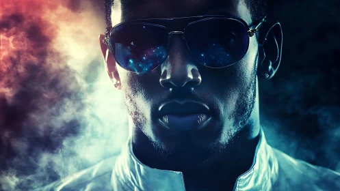 Futuristic portrait renders neon-lit smoke and reflective lenses