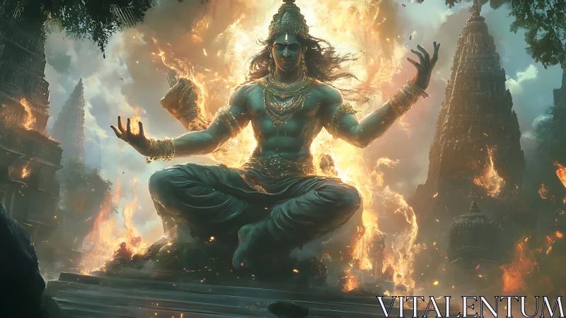 Mythic blue deity levitating amid temple inferno and swirling fire
