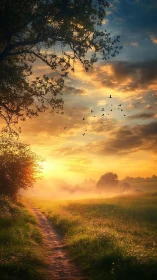 Sunlit country path winds through misty golden meadow at dawn.