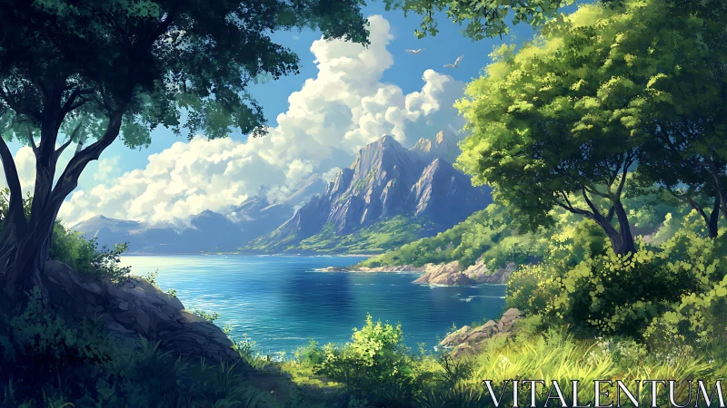 Sunlit mountain cove framed by lush coastal forest.