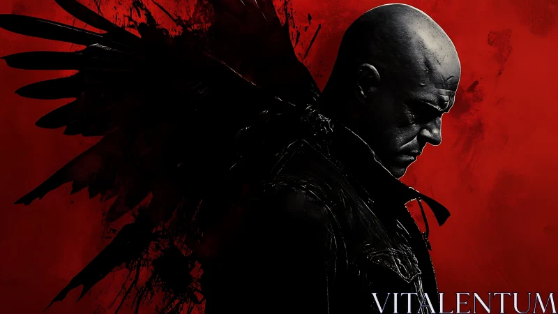 Bald man with dark wings against intense red backdrop.