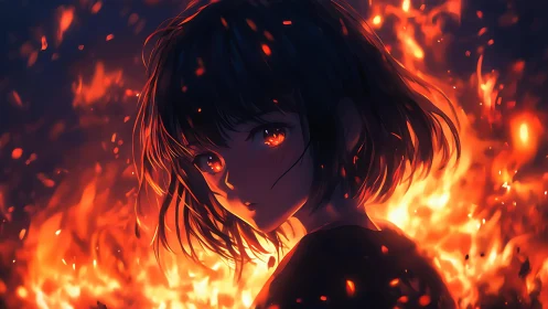 Fiery-eyed girl against blazing inferno in anime lighting.