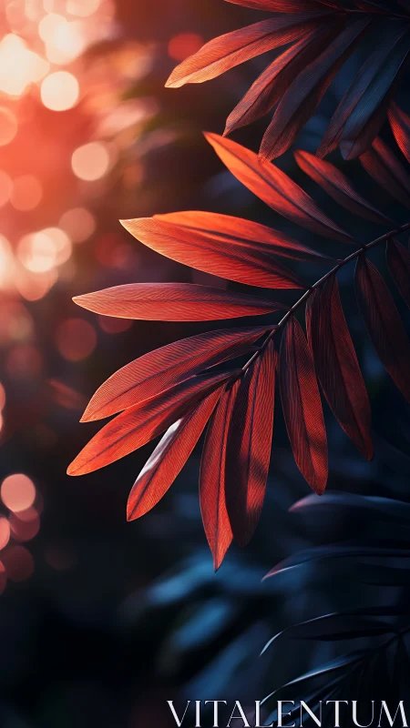 Sunlit red palm leaves glow against deep shadowed background.