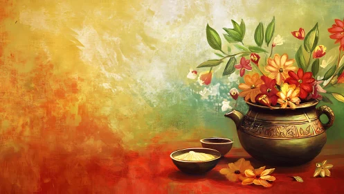 Vintage brass teapot still life with floral bouquet on gradient ground.