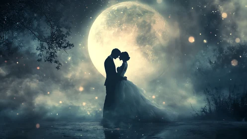 Silhouetted couple beneath full moon bokeh.