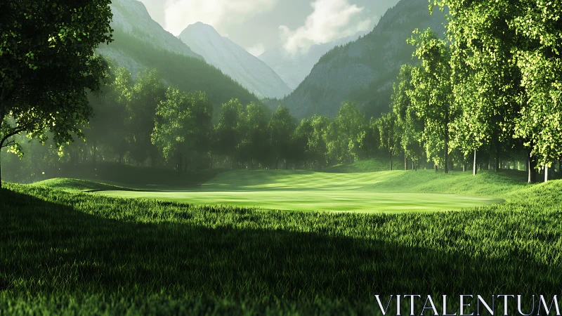 Photorealistic alpine golf fairway in luminous forest light.