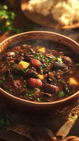Smoky campfire bean stew crowned with rustic herbs glow.