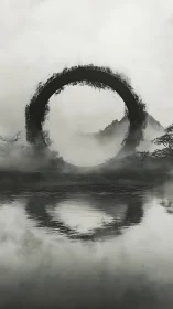 Monolithic ink circle hovers over misty lake and mountains